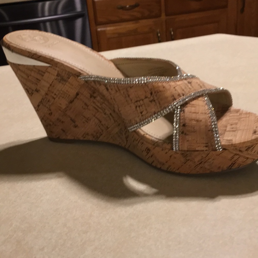 Guess cork look brown wedge shoe